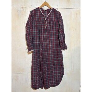 Vtg Red Tartan House Dress M Plaid Nightgown Cottage Flannel Granny Lace Xmas